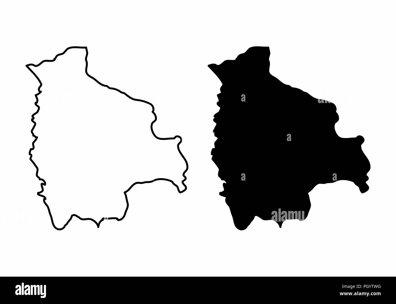 Simplified maps of Bolivia. Black and white outlines. Stock Vector