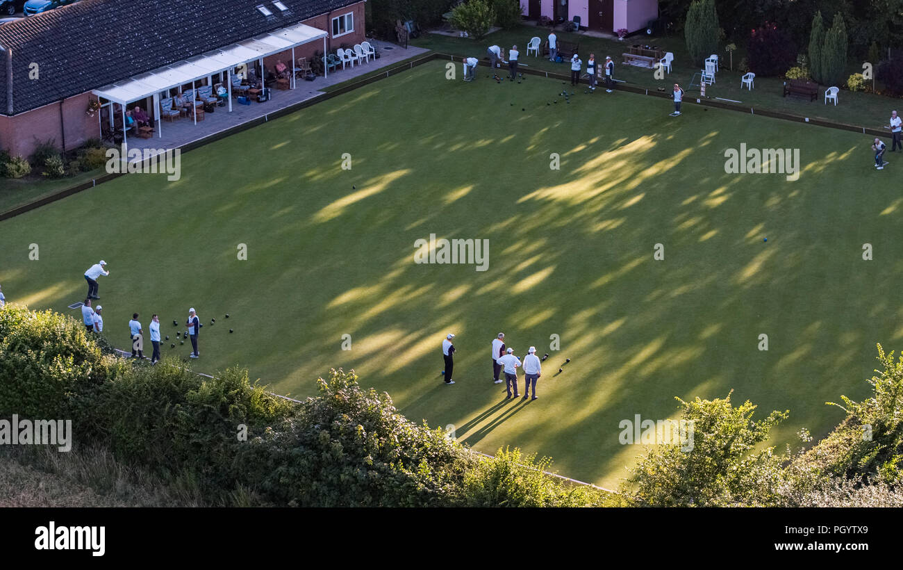 Aerial view of bowls club in Eye, Suffolk with players on green Stock