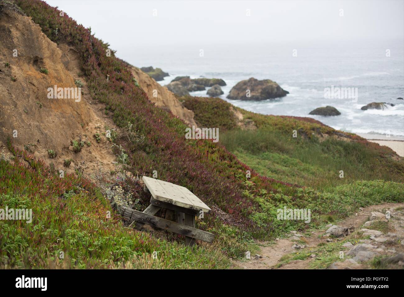A tilted picnic table at Bodega Head near Bodega Bay, California, USA. Stock Photo