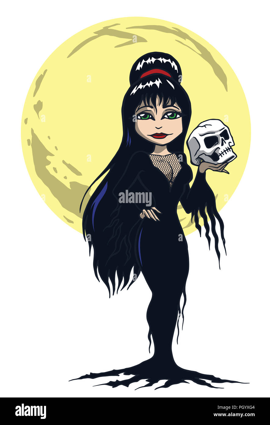Halloween Skull Mistress holding skull with moon behind Stock Photo