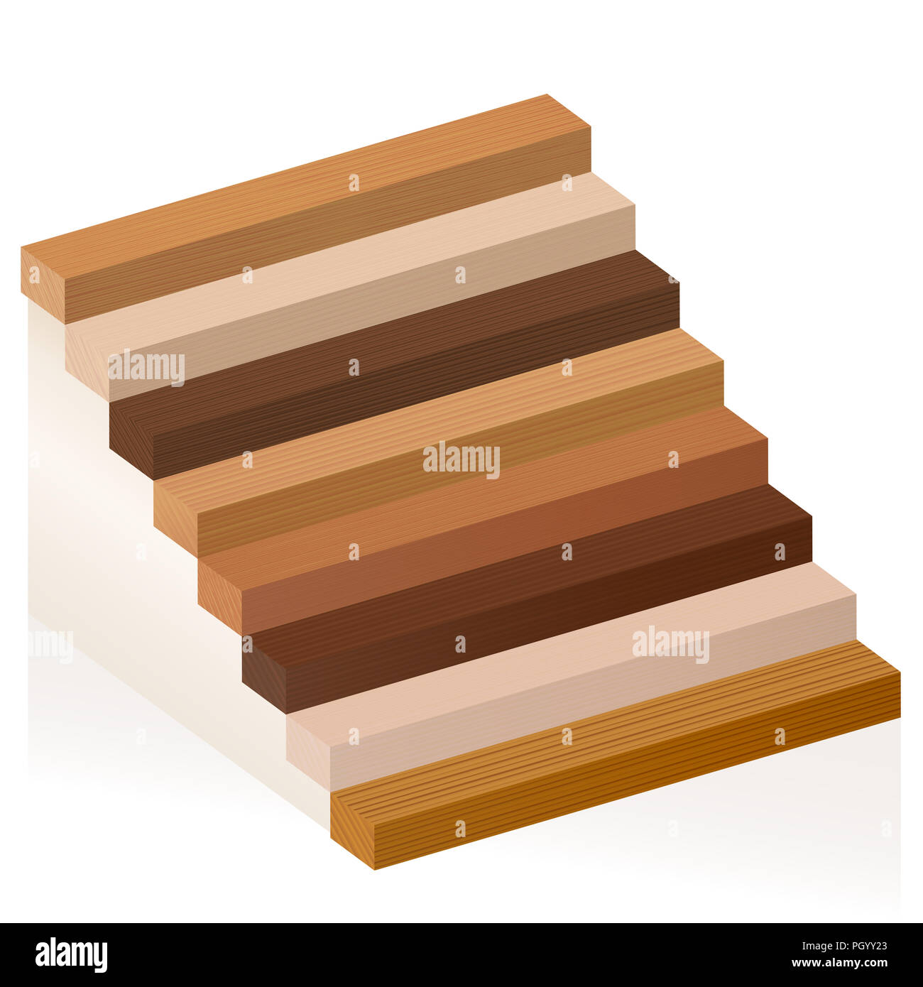 Wooden staircase - wood samples with different textures, colors, glazes, from various trees to choose - brown, dark, gray, light, red, yellow, orange. Stock Photo