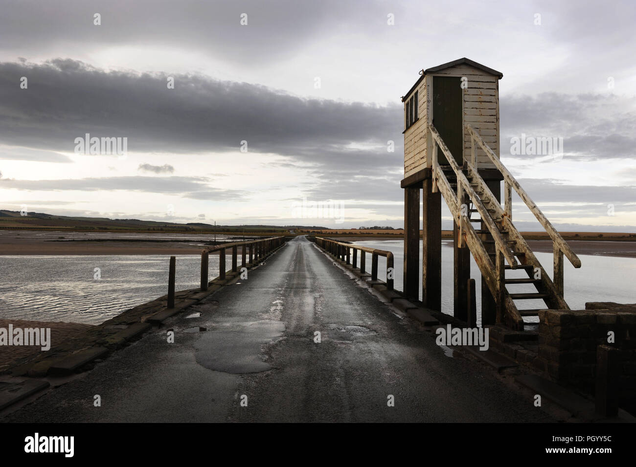 Lindisfarne - a tide haven offering shelter to people cut off by the tide while crossing the Holy Island Causeway, Northumberland, Seen at low water Stock Photo