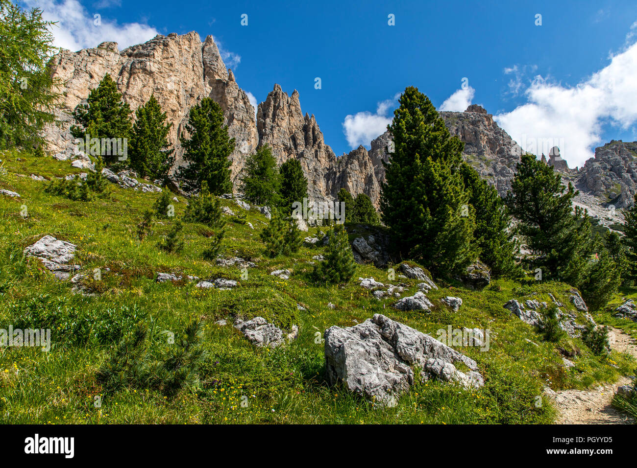 South Tyrol, Trentino, Italy, mountain panorama at the Gardena Pass, Gršdner Pass, mountain pass in the South Tyrolean Dolomites, Stock Photo