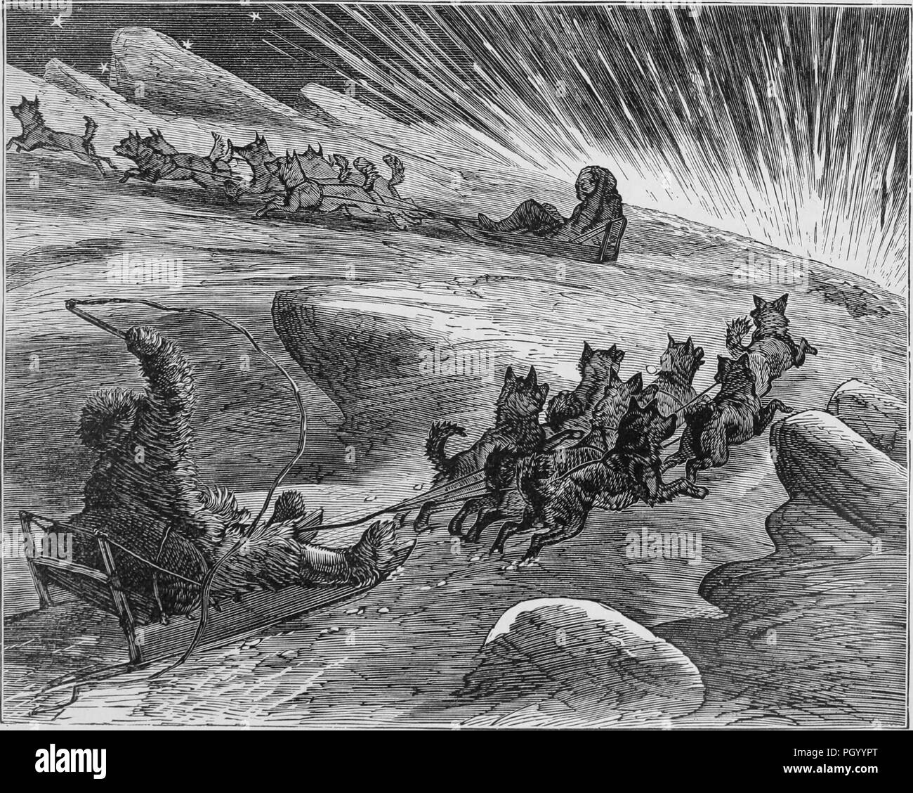 Black and white vintage print, depicting Eskimos wearing fur coats and boots, while driving dogsleds through a frozen landscape, published in John George Wood's volume 'The uncivilized races of men in all countries of the world, being a comprehensive account of their manners and customs, and of their physical, social, mental, moral and religious characteristics', 1877. Courtesy Internet Archive. () Stock Photo