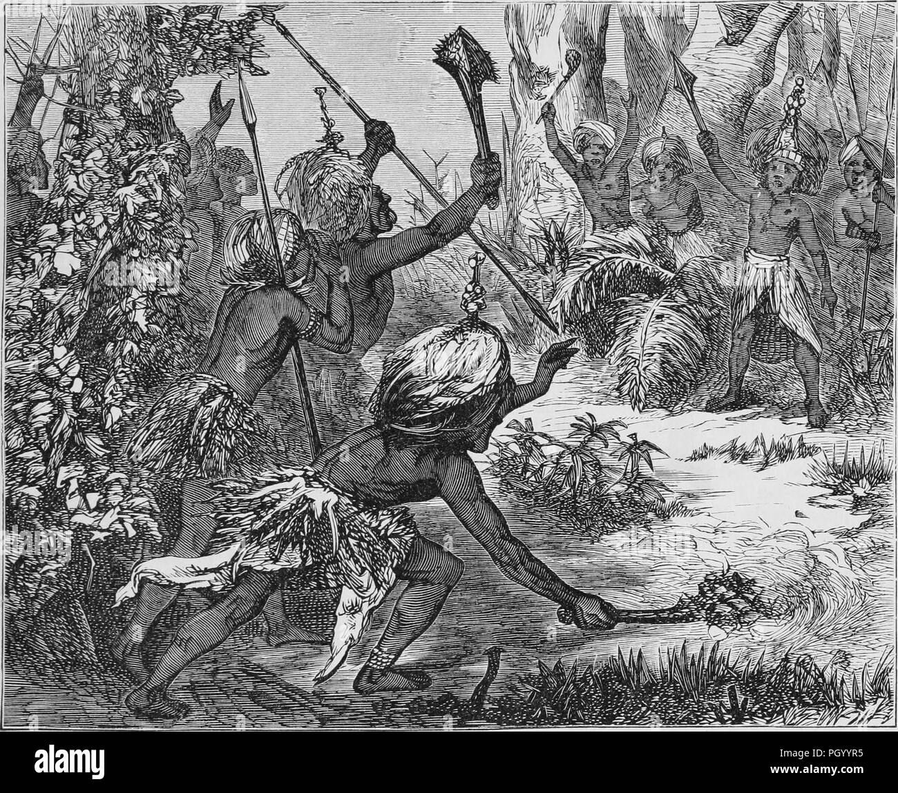 Black and white vintage print, depicting two adversarial Samoan factions, standing on either side of a clearing, dressed in war clothes (including feathered headdresses) waving their weapons at each other while exchanging verbal insults as a precursor to battle, published in John George Wood's volume 'The uncivilized races of men in all countries of the world, being a comprehensive account of their manners and customs, and of their physical, social, mental, moral and religious characteristics', 1877. Courtesy Internet Archive. () Stock Photo