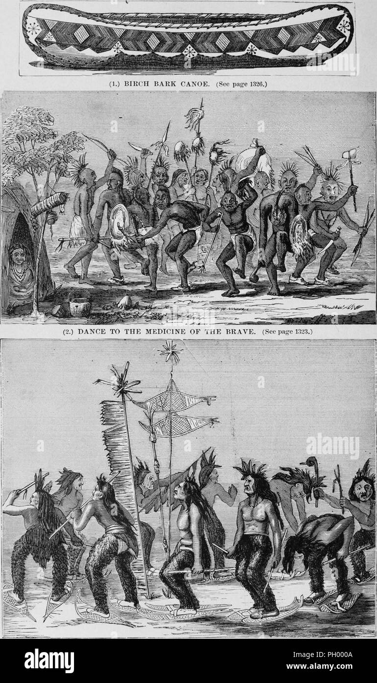 Black and white vintage prints, in three registers, captioned 'Birchbark Canoe' (top) depicting an Ojibwe canoe with geometric patterns decorating the hull, and 'Dance to the Medicine of the Brave' (middle) depicting a group of male Sac Nation warriors, wearing loincloths and feathers in their hair, dancing while holding axes, bows and arrows, knives, and spears with scalps attached, to commemorate a deceased warrior as his wife watches from her teepee, and (bottom register) dancing around two standards while wearing snowshoes and animal hide trousers, located in North America, published in Jo Stock Photo