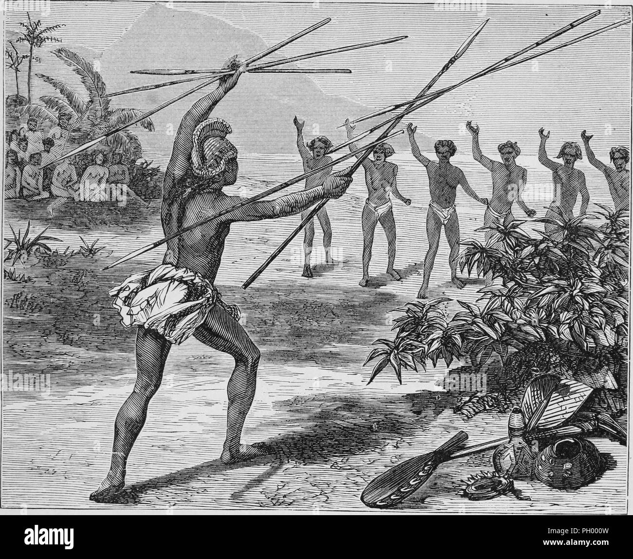 Black and white vintage print, depicting the Hawaiian King Kamehameha, wearing a mahiole (feathered helmet) and short tunic, performing a feat during which he defends himself against six simultaneously thrown spears, by deflecting three with his own spear and catching the other three in his other hand, published in John George Wood's volume 'The uncivilized races of men in all countries of the world, being a comprehensive account of their manners and customs, and of their physical, social, mental, moral and religious characteristics', 1877. Courtesy Internet Archive. () Stock Photo