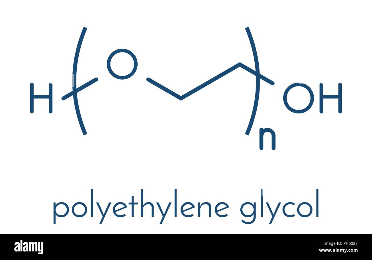 Polyethylene glycol (PEG), chemical structure. Forms of PEG are used as laxatives, excipients, etc. Skeletal formula. Stock Vector