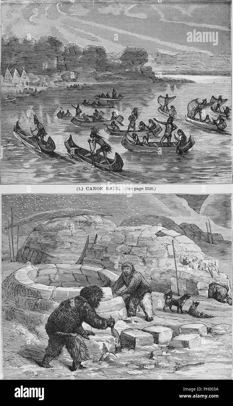 Black and white vintage prints, in two registers: captioned 'Canoe Race' (top) depicting Ojibwa men racing in small, light canoes, one man standing in the bow with a cloth extended over his arms to create a sail; and (lower register) fur-clad Eskimos building dome-shaped igloos from blocks of ice, located in North America, published in John George Wood's volume 'The uncivilized races of men in all countries of the world, being a comprehensive account of their manners and customs, and of their physical, social, mental, moral and religious characteristics', 1877. Courtesy Internet Archive. () Stock Photo