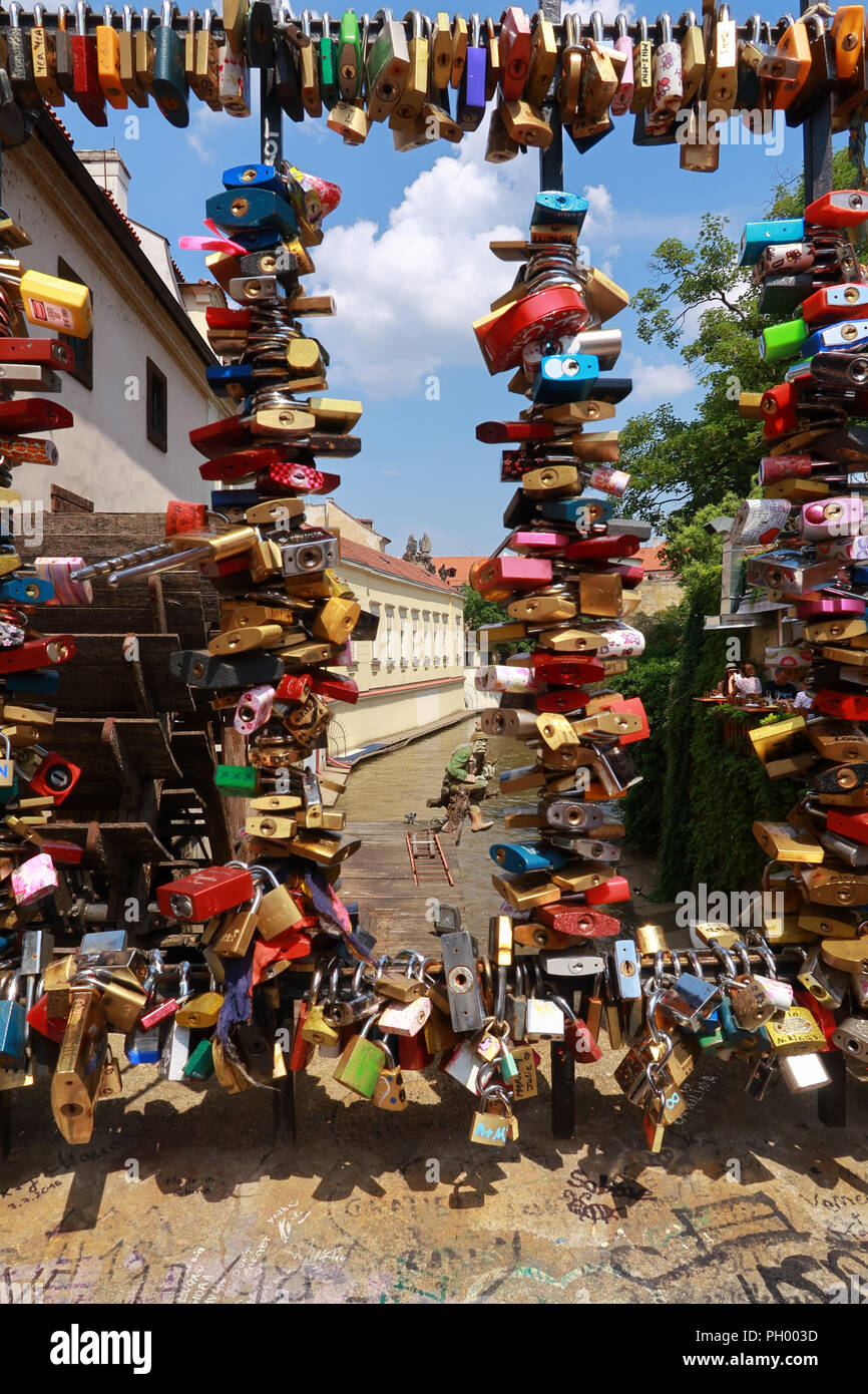 Padlocks of Love on the Certovka pedestrian bridge in Prague Stock