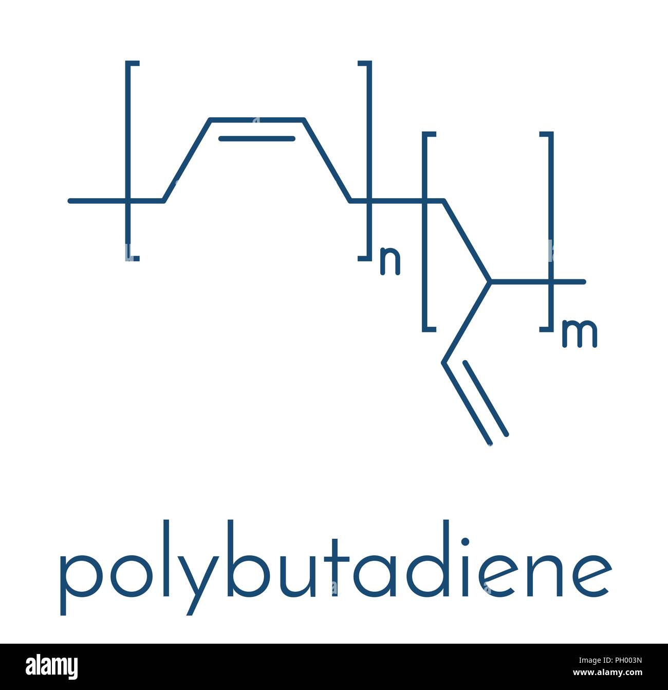 Polybutadiene (butadiene rubber) polymer, chemical structure. Used in manufacture of tires, golf balls, etc. Skeletal formula. Stock Vector