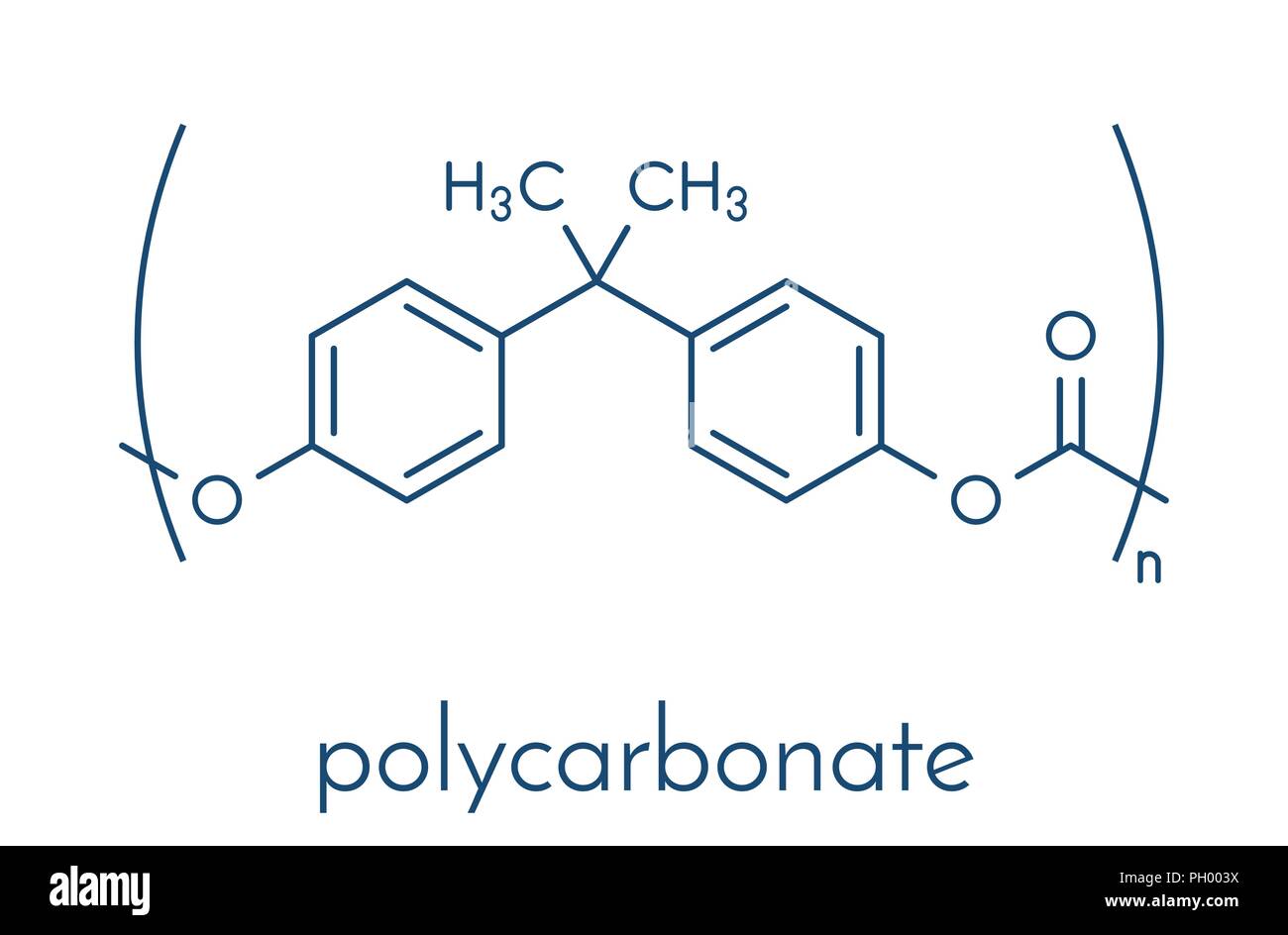Polycarbonate (PC) plastic, chemical structure. Made from phosgene and
