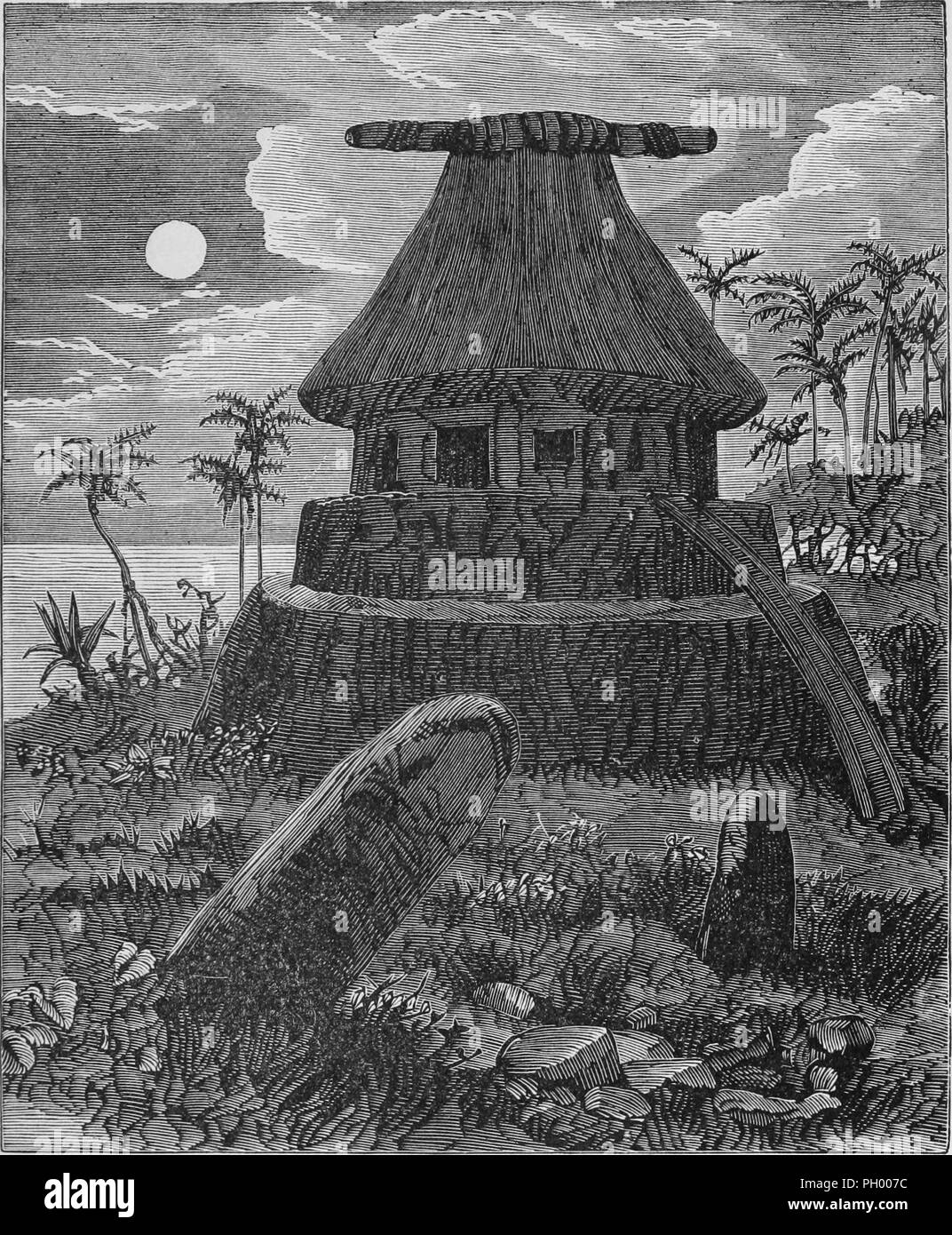 Black and white vintage print, depicting a pre-colonial Fijian temple or bure, a cylindrical structure, erected on an elevated site, and crafted from elaborately woven strands of Magimagi or sennit, located in Fiji, published in John George Wood's volume 'The uncivilized races of men in all countries of the world, being a comprehensive account of their manners and customs, and of their physical, social, mental, moral and religious characteristics', 1877. Courtesy Internet Archive. () Stock Photo