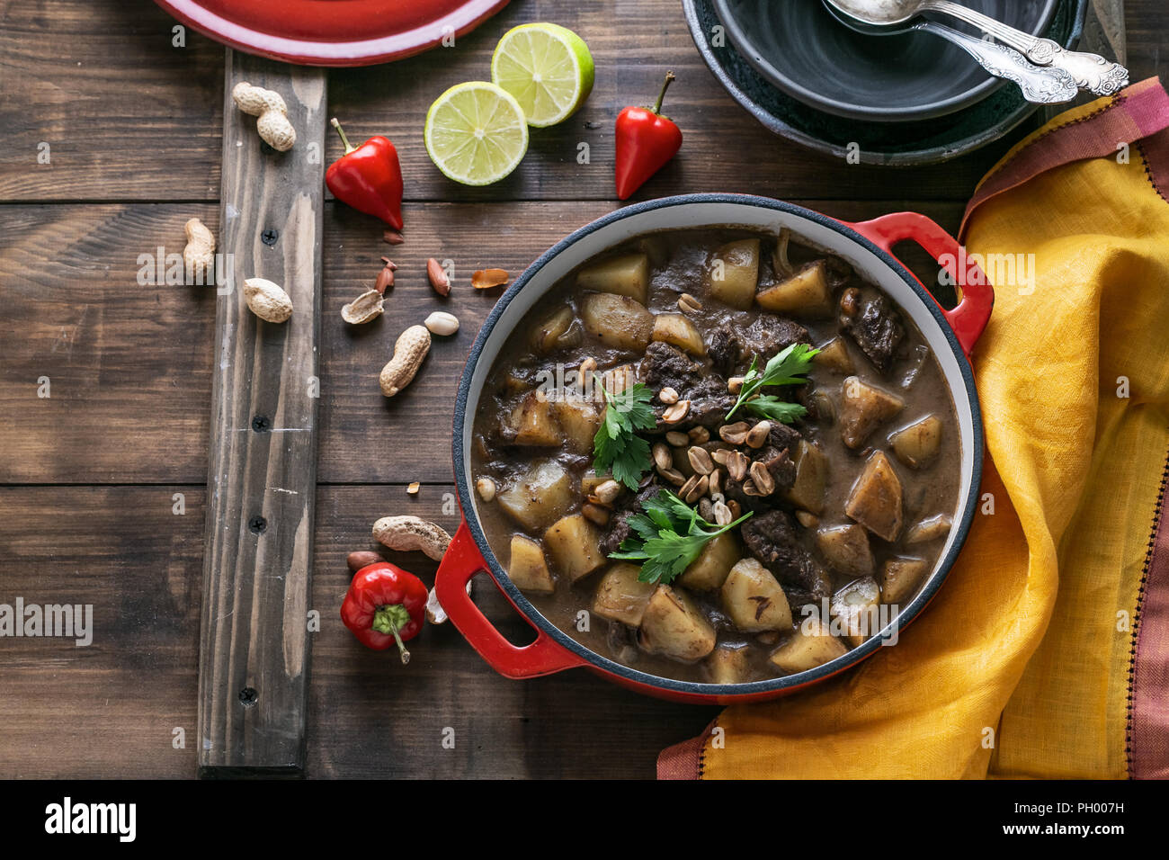 Beef and potato stew in pot, asian cuisine, copy space Stock Photo