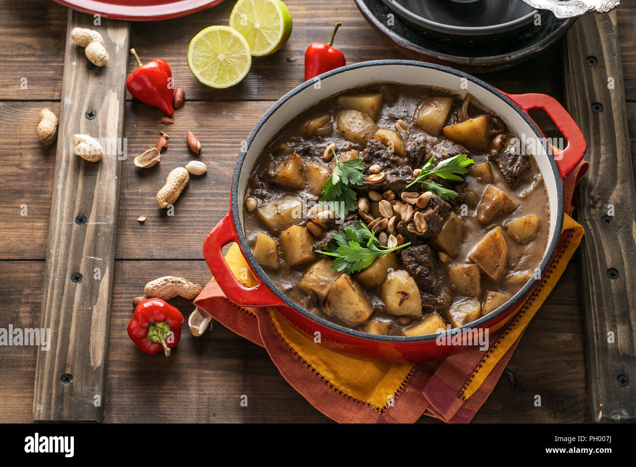 Thai Beef Massaman Curry, dark background copy space Stock Photo