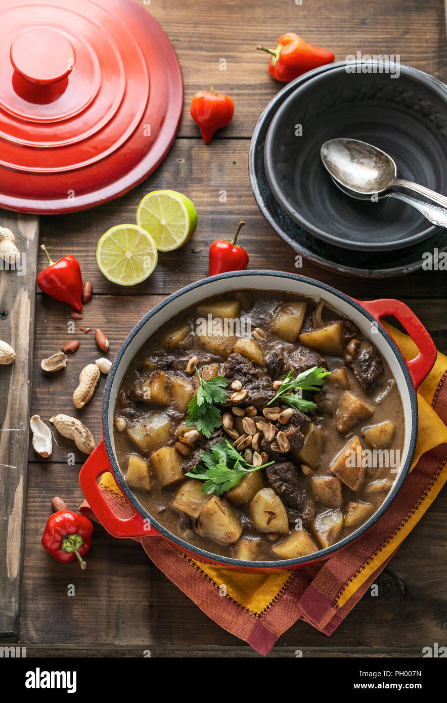 Thai Beef Massaman Curry, dark background copy space Stock Photo