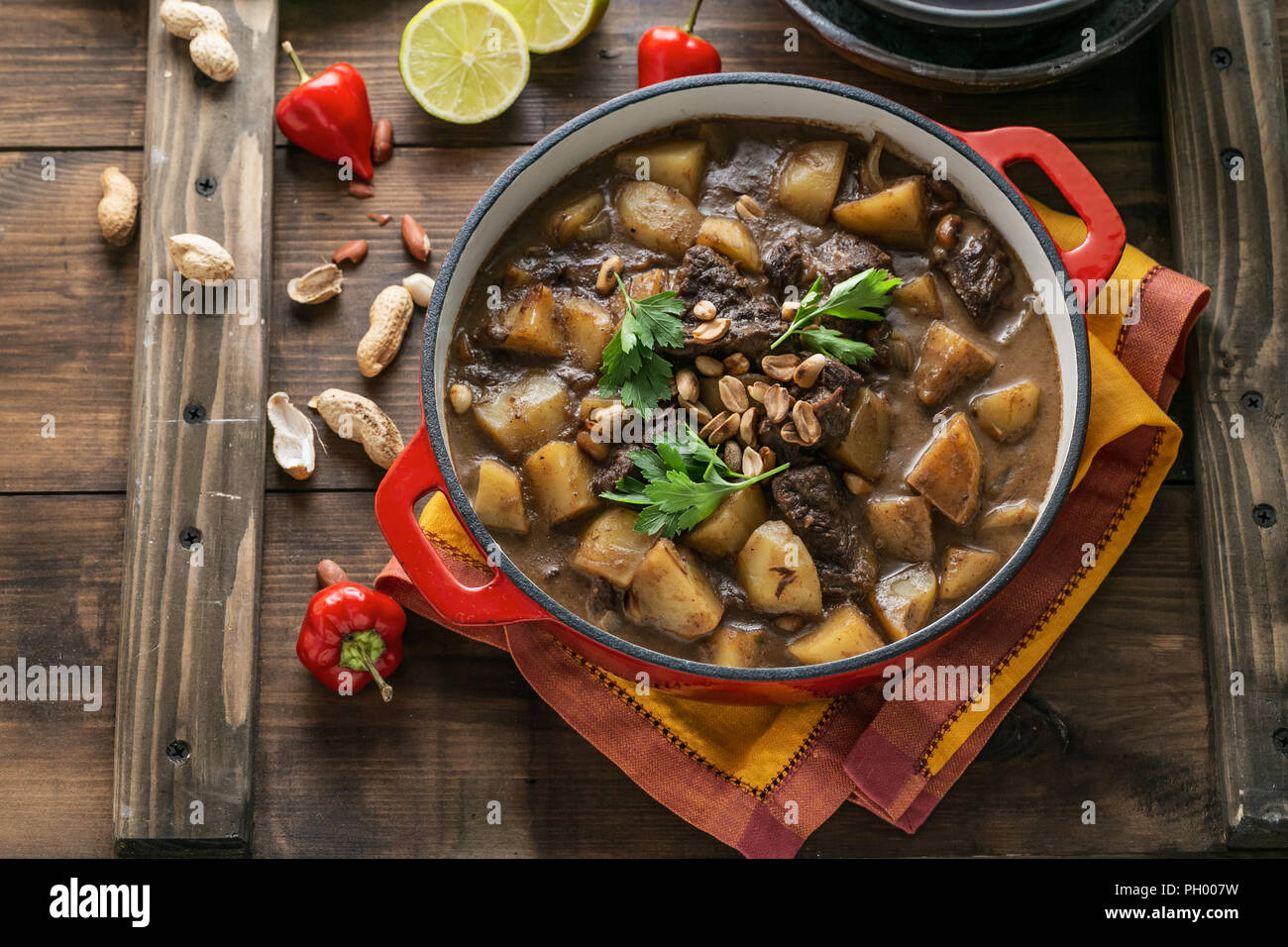 Thai Beef Massaman Curry, dark background copy space Stock Photo