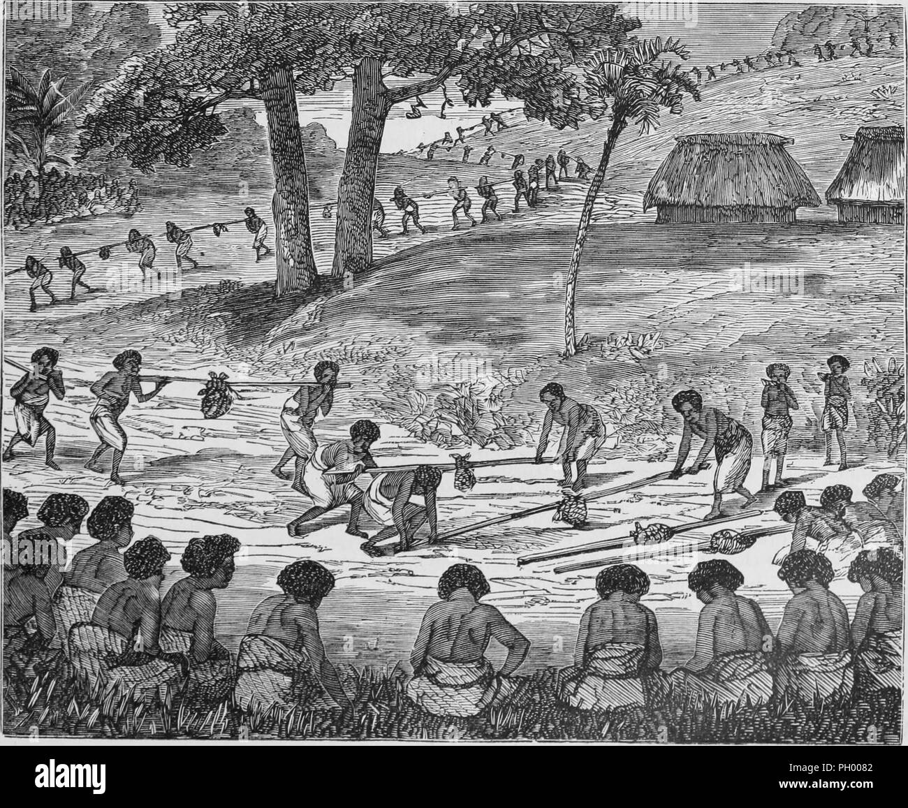 Black and white vintage print, depicting a long line of Tongan men, carrying poles with yams strung at the middle, as they bring the best of their crop and place it on the ground in front of the seated chief and matapules (advisors) during the Inasi Festival, published in John George Wood's volume 'The uncivilized races of men in all countries of the world, being a comprehensive account of their manners and customs, and of their physical, social, mental, moral and religious characteristics', 1877. Courtesy Internet Archive. () Stock Photo