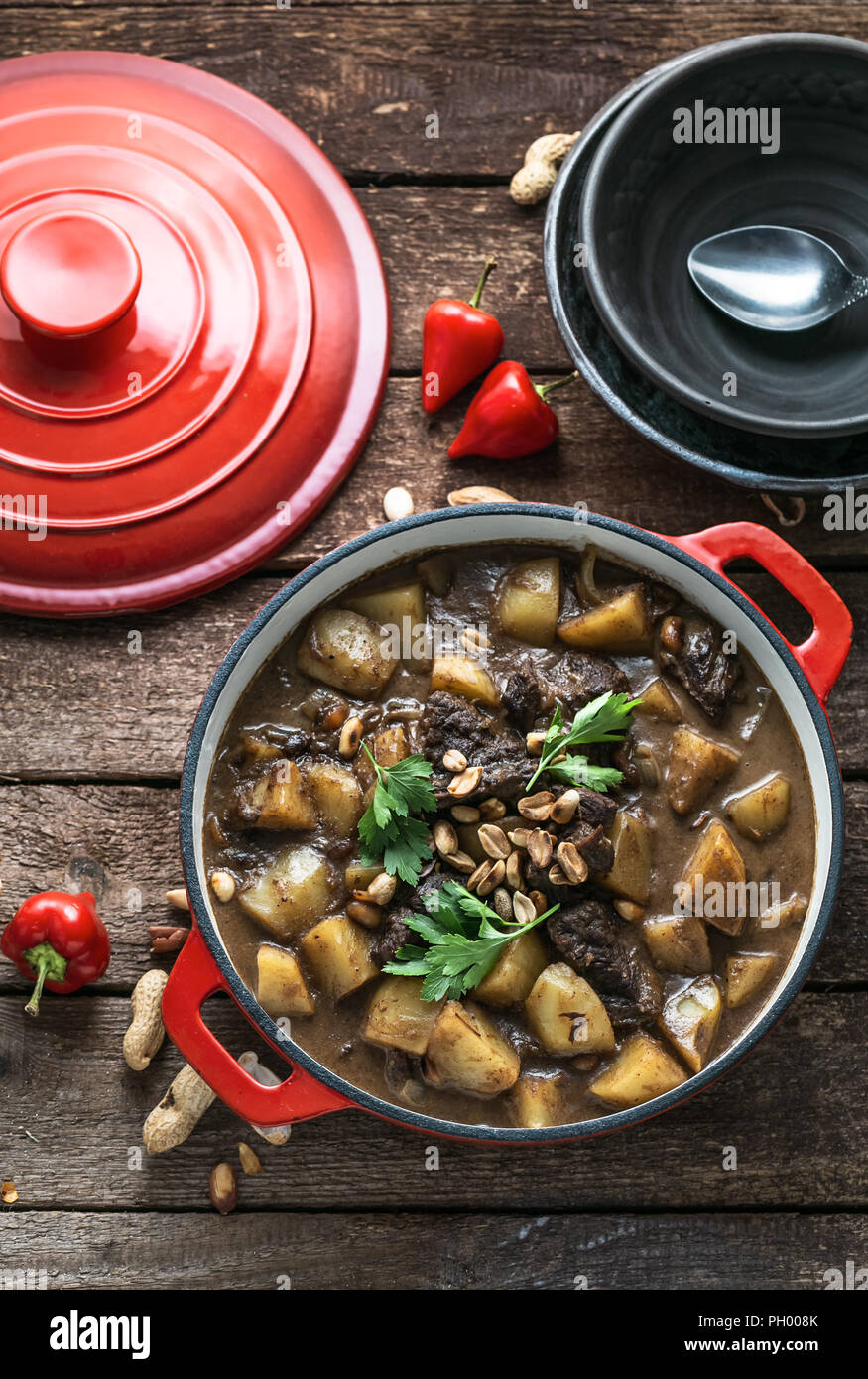 Massaman curry, thai cuisine, beef and potato stew, copy space Stock Photo