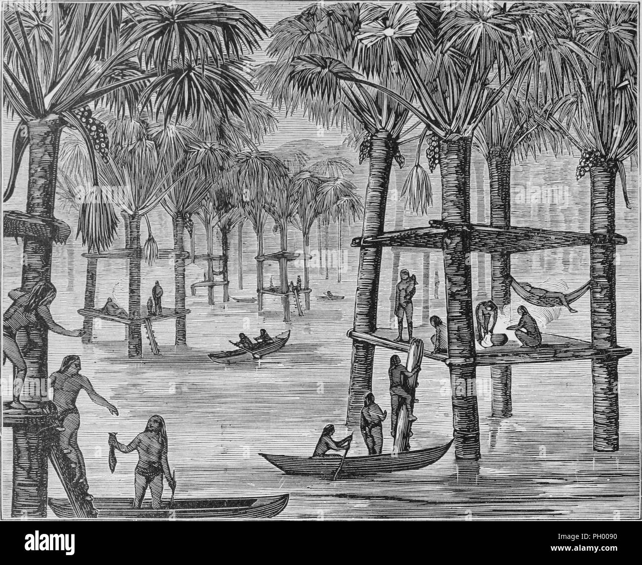 Black and white vintage print, depicting Warao lake houses in the Guyanese section of the Orinoco River, consisting of platforms covered with thatched roofs, each strung between four palms, published in John George Wood's volume 'The uncivilized races of men in all countries of the world, being a comprehensive account of their manners and customs, and of their physical, social, mental, moral and religious characteristics', 1877. Courtesy Internet Archive. () Stock Photo
