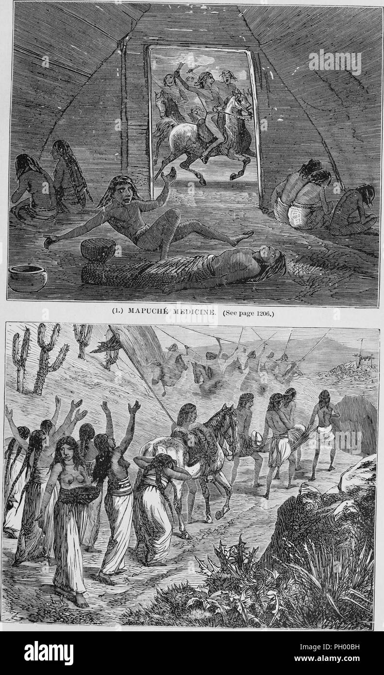 Black and white vintage prints, in two registers, captioned 'Mapuche Medicine' (top) depicting a medicine man falling to the ground next to a sick man after attempting to drive out an evil spirit, with men on horseback who are trying to scare the spirit away with noise visible through the door, and (lower register) a funeral in which the deceased is carried on a bier while women at the rear of the procession wail and drop leaves to ensure that the deceased's spirit cannot return by the same path, located in Chile and Argentina, published in John George Wood's volume 'The uncivilized races of m Stock Photo
