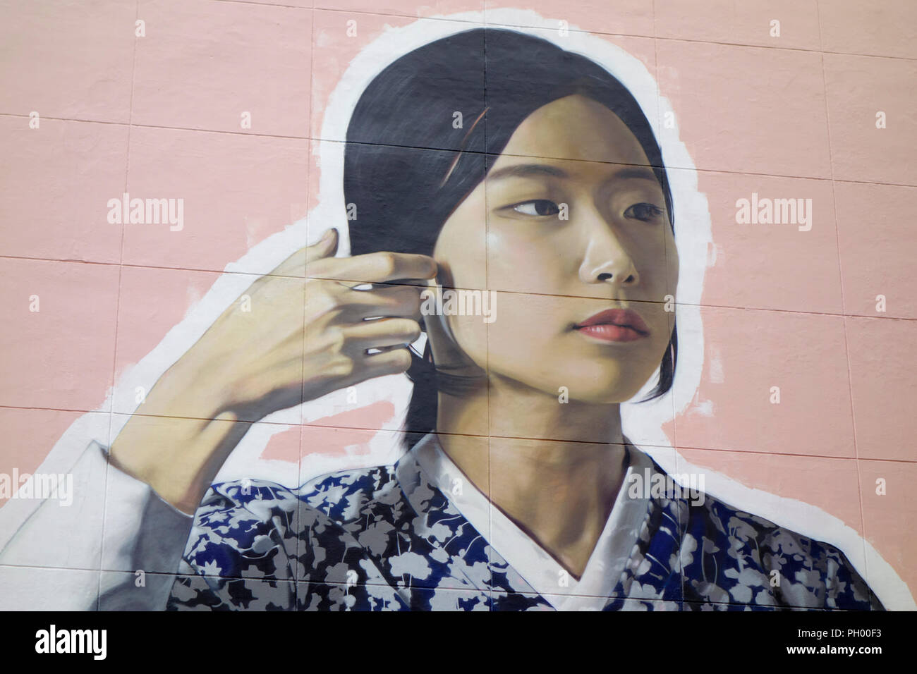 Graffiti Artworks in Seoul depicting a Korean woman in traditional Korean Hanbok clothing. Painted as part of POW! WOW! Korea 2017. Stock Photo