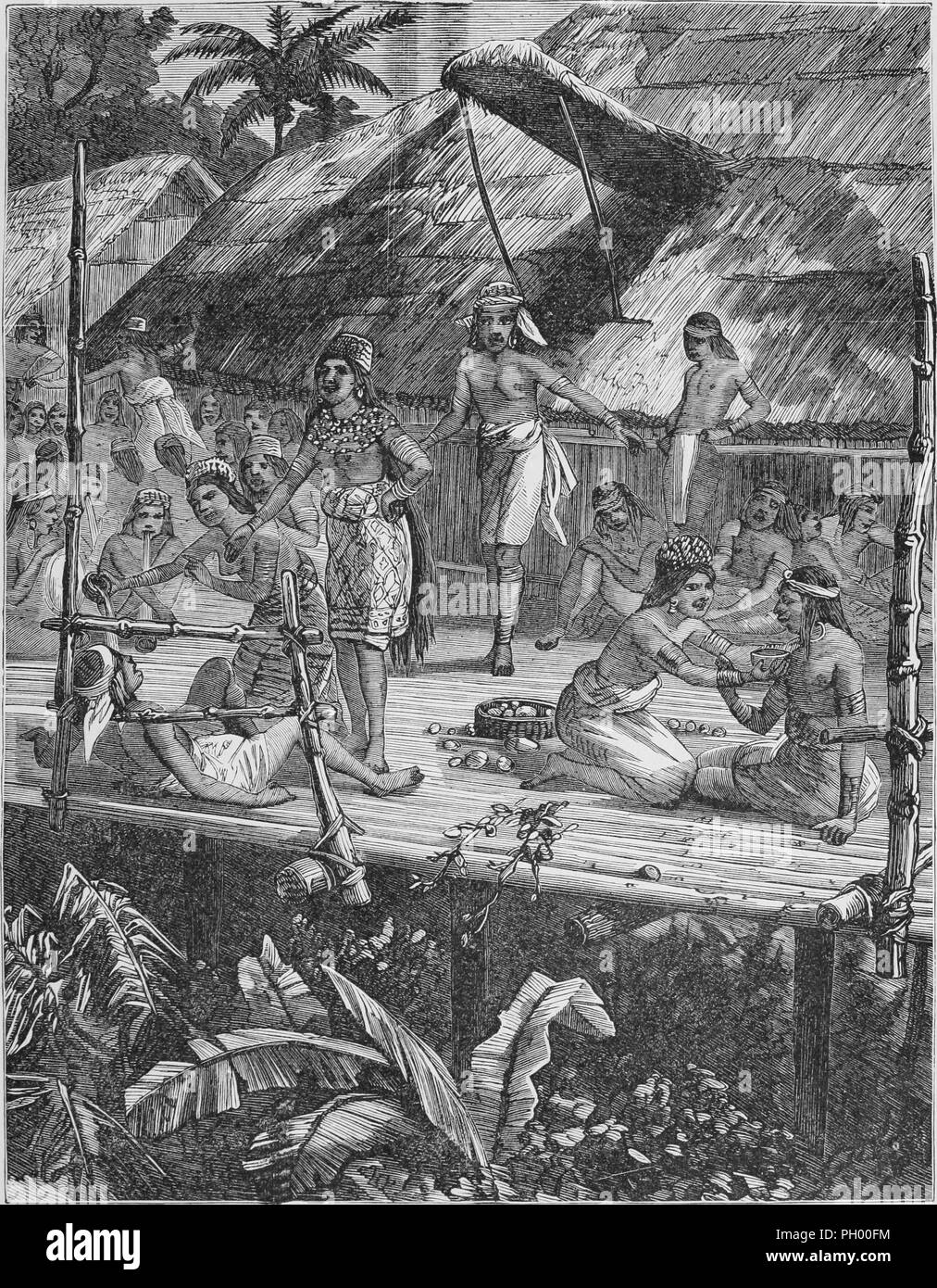 Black and white vintage print, depicting a bamboo porch with several Dayak women, wearing sarongs, headwraps, and bracelets, inducing Dayak men to drink tuak (palm wine) to the point of extreme intoxication, with more Dayak feasting on tuak in the background, located in Borneo, published in John George Wood's volume 'The uncivilized races of men in all countries of the world, being a comprehensive account of their manners and customs, and of their physical, social, mental, moral and religious characteristics', 1877. Courtesy Internet Archive. () Stock Photo