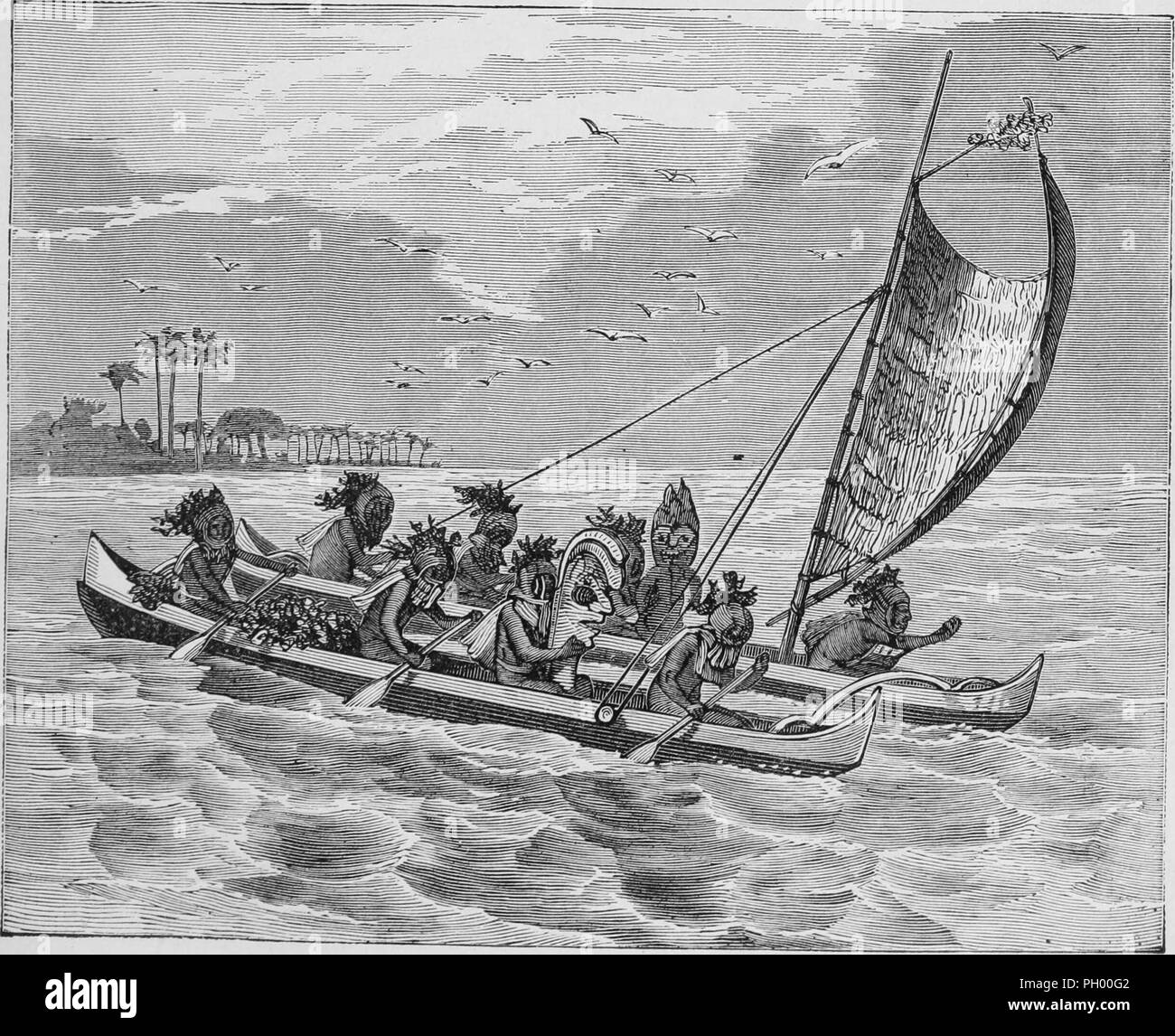 Black and white vintage print, depicting a group of Hawaiian men, rowing an outrigger or double-hulled canoe with a lateen-rigged sail, while wearing decorated gourds on their heads, published in John George Wood's volume 'The uncivilized races of men in all countries of the world, being a comprehensive account of their manners and customs, and of their physical, social, mental, moral and religious characteristics', 1877. Courtesy Internet Archive. () Stock Photo