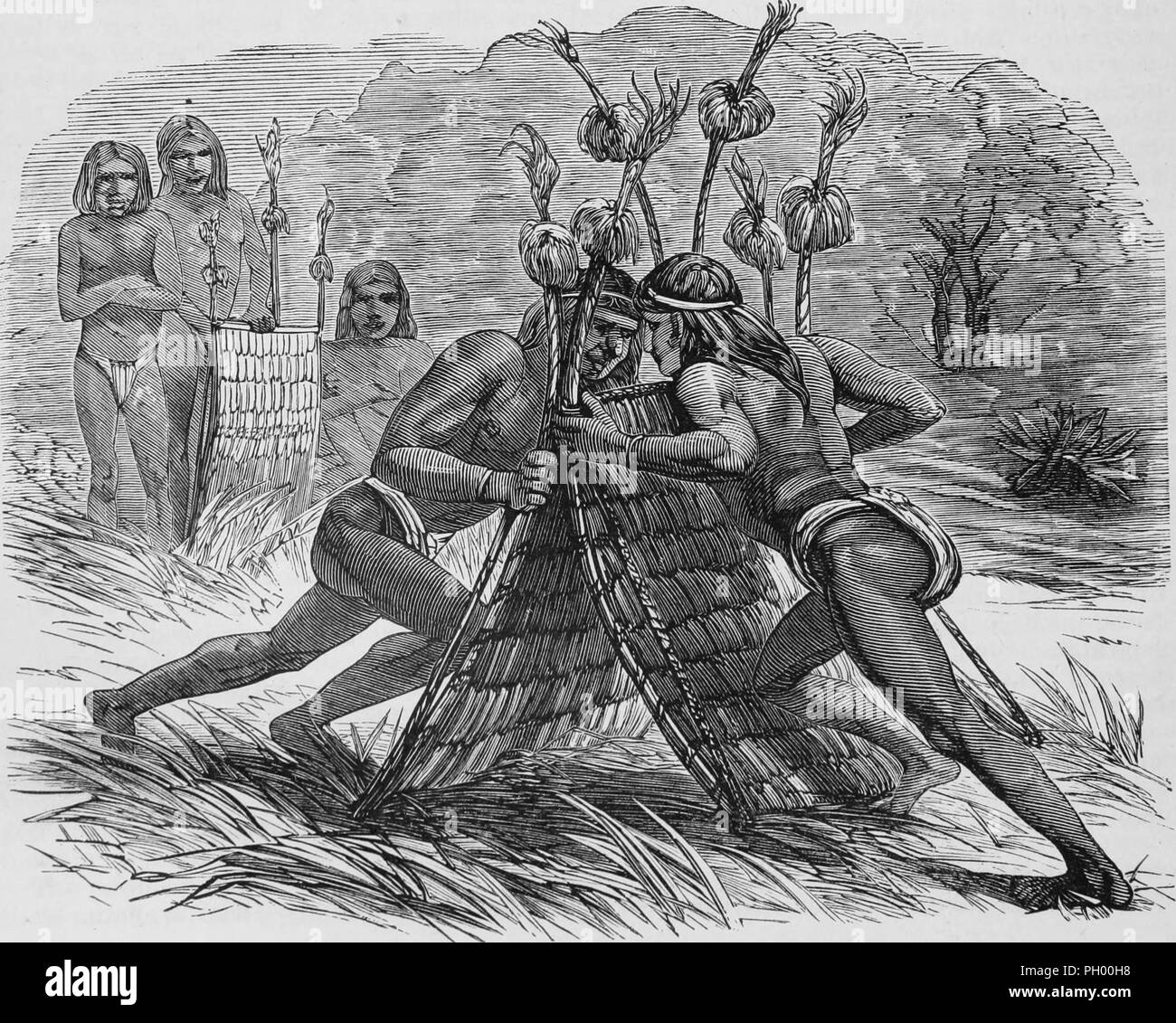 Black and white vintage print, depicting two Warao men, wearing loincloths and headbands, engaging in shield wrestling by pressing against each other while holding large, rectangular, woven shields, with several other men watching in the background, published in John George Wood's volume 'The uncivilized races of men in all countries of the world, being a comprehensive account of their manners and customs, and of their physical, social, mental, moral and religious characteristics', 1877. Courtesy Internet Archive. () Stock Photo