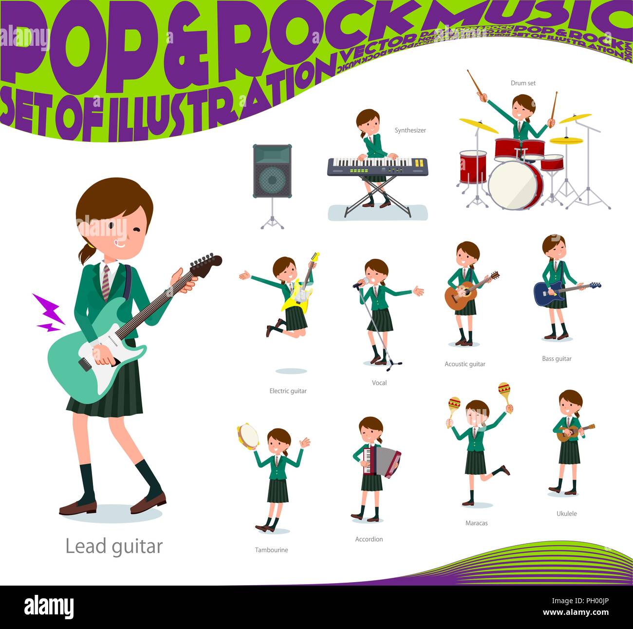 A set of school girl playing rock 'n' roll and pop music.There are also  various instruments such as ukulele and tambourine.It's vector art so it's  eas Stock Vector Image & Art -