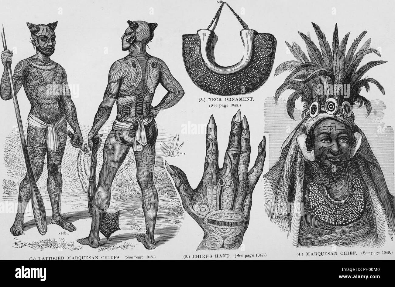 Black and white vintage print, depicting Marquesan tattoos and ornaments: including full-length, anterior and posterior portraits of 'Tattooed Marquesan Chiefs, ' showing their horn hairstyle and shell earrings; a close-up of a 'Chief's Hand' with tattoos and filed fingernails; a 'Neck Ornament' made from wood, wax, and seeds; and a close-up of the head of a 'Marquesan Chief' with facial tattoos, wearing a feather headdress, earrings, cloak and necklace, located in the Marquesas Islands in French Polynesia, published in John George Wood's volume 'The uncivilized races of men in all countries o Stock Photo