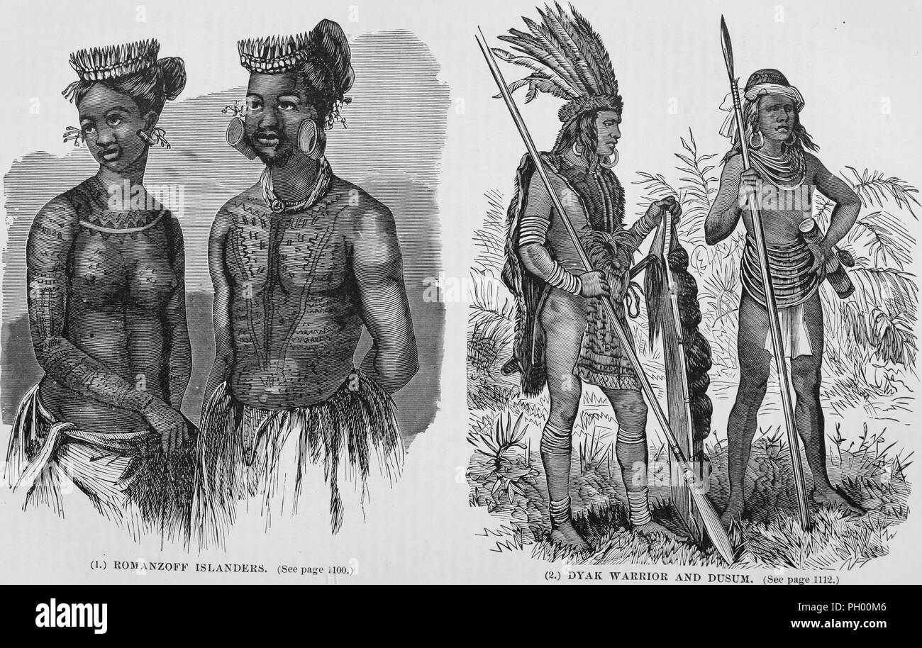 Black and white vintage prints, in two columns: captioned 'Romanzoff Islanders' (left) depicting a heavily tattooed man and woman from the Marshall Islands, each wearing mat skirts, headpieces, and large earrings; and 'Dyak Warrior and Dusum' (right) depicting two Dayak men, the man at left wearing full ceremonial dress, including an orangutan cloak, a feather headdress, and holding a sumpitan and shield covered with tufts of human hair, and the man at right wearing ordinary clothing consisting of necklaces, loincloth, and a plain spear, published in John George Wood's volume 'The uncivilized  Stock Photo