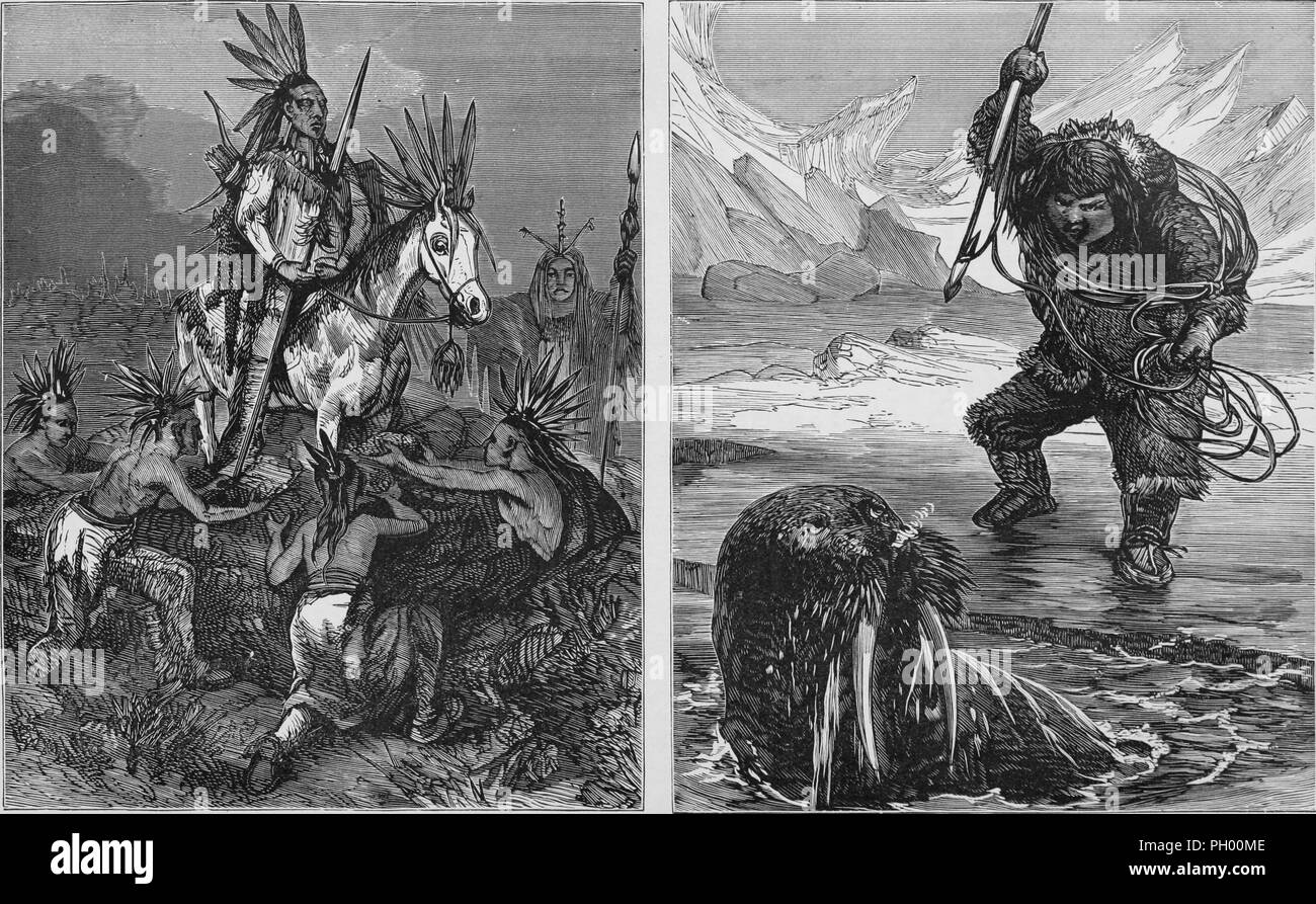 Black and white vintage prints, in two columns: depicting the funeral of Omaha Chief Blackbird (left) in which the deceased chief was mounted on his favorite (still living) war-horse, with his most prized earthly goods, and earth was mounded around them until they were both buried; and an Eskimo man (right) standing on the ice, using a long harpoon with a wooden shaft to spear a walrus that rises from the icy ocean, published in John George Wood's volume 'The uncivilized races of men in all countries of the world, being a comprehensive account of their manners and customs, and of their physica Stock Photo