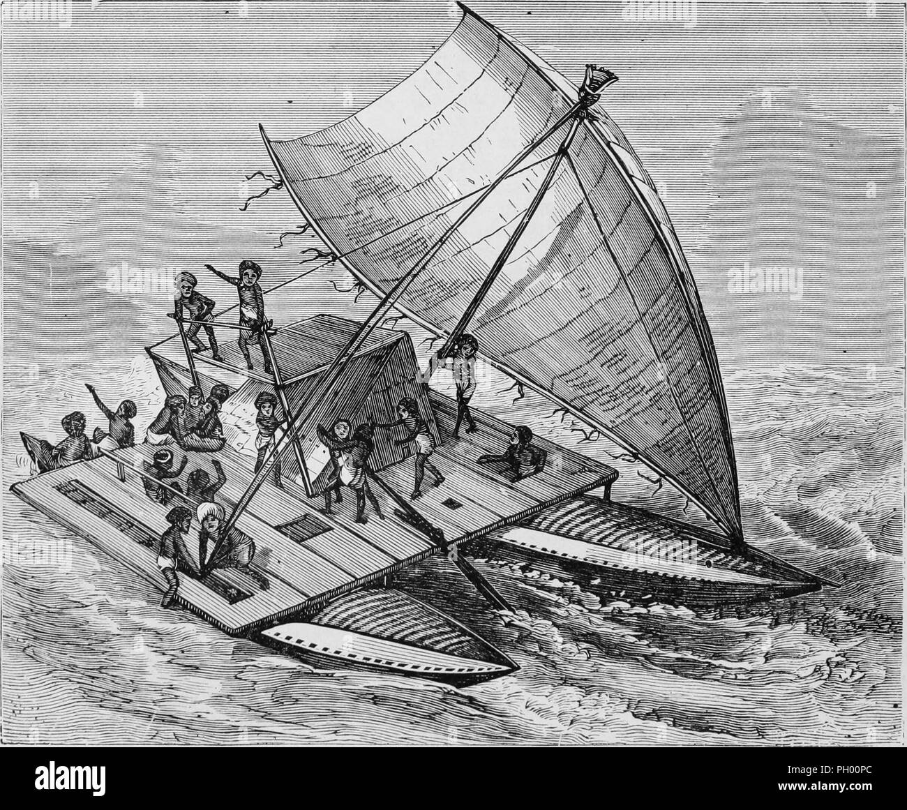 Black and white vintage print, depicting a Fijian double canoe or catamaran, with a lateen rigged sail, hatches for entry into each canoe hull, and several men on deck, published in John George Wood's volume 'The uncivilized races of men in all countries of the world, being a comprehensive account of their manners and customs, and of their physical, social, mental, moral and religious characteristics', 1877. Courtesy Internet Archive. () Stock Photo