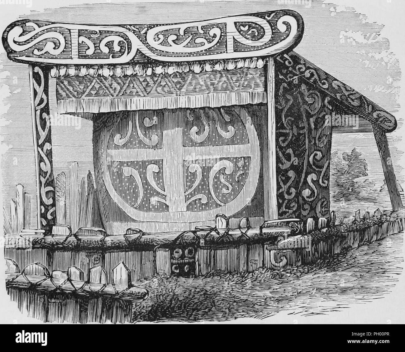 Black and white vintage print, depicting a carved, wooden, Maori tomb, mausoleum or funeral monument, dedicated to E'Toki, mother of Te Rauparaha, and located in the Pa of Te Rangihaeata in New Zealand, published in John George Wood's volume 'The uncivilized races of men in all countries of the world, being a comprehensive account of their manners and customs, and of their physical, social, mental, moral and religious characteristics', 1877. Courtesy Internet Archive. () Stock Photo