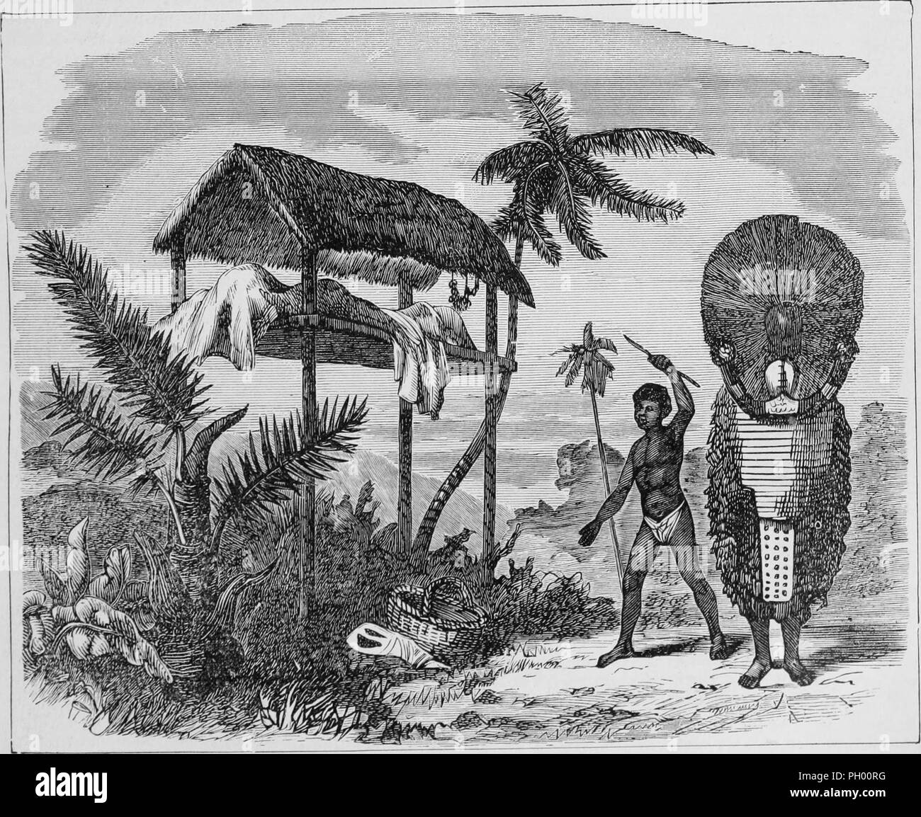 Black and white vintage print, depicting a deceased Tongan chief, covered and lying supine under the shelter of a thatched shed, with a Tongan man wearing a loincloth, and the Chief Mourner wearing a ceremonial costume made of mother of pearl, shells, feathers, and barkcloth, standing nearby, published in John George Wood's volume 'The uncivilized races of men in all countries of the world, being a comprehensive account of their manners and customs, and of their physical, social, mental, moral and religious characteristics', 1877. Courtesy Internet Archive. () Stock Photo