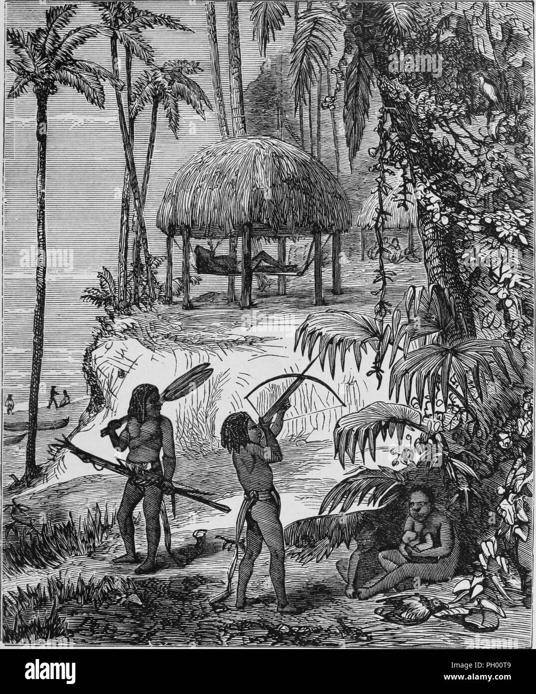 Black and white vintage print, depicting people and architecture in the Nicobar Islands, with a woman seated at the base of a tree nursing a child, and two men (one aiming at something with a bow and arrow) in the foreground, and a man resting on a wooden hammock strung beneath the raised floor of his beehive shaped, thatched roof home in the background, located in the eastern Indian Ocean, published in John George Wood's volume 'The uncivilized races of men in all countries of the world, being a comprehensive account of their manners and customs, and of their physical, social, mental, moral a Stock Photo