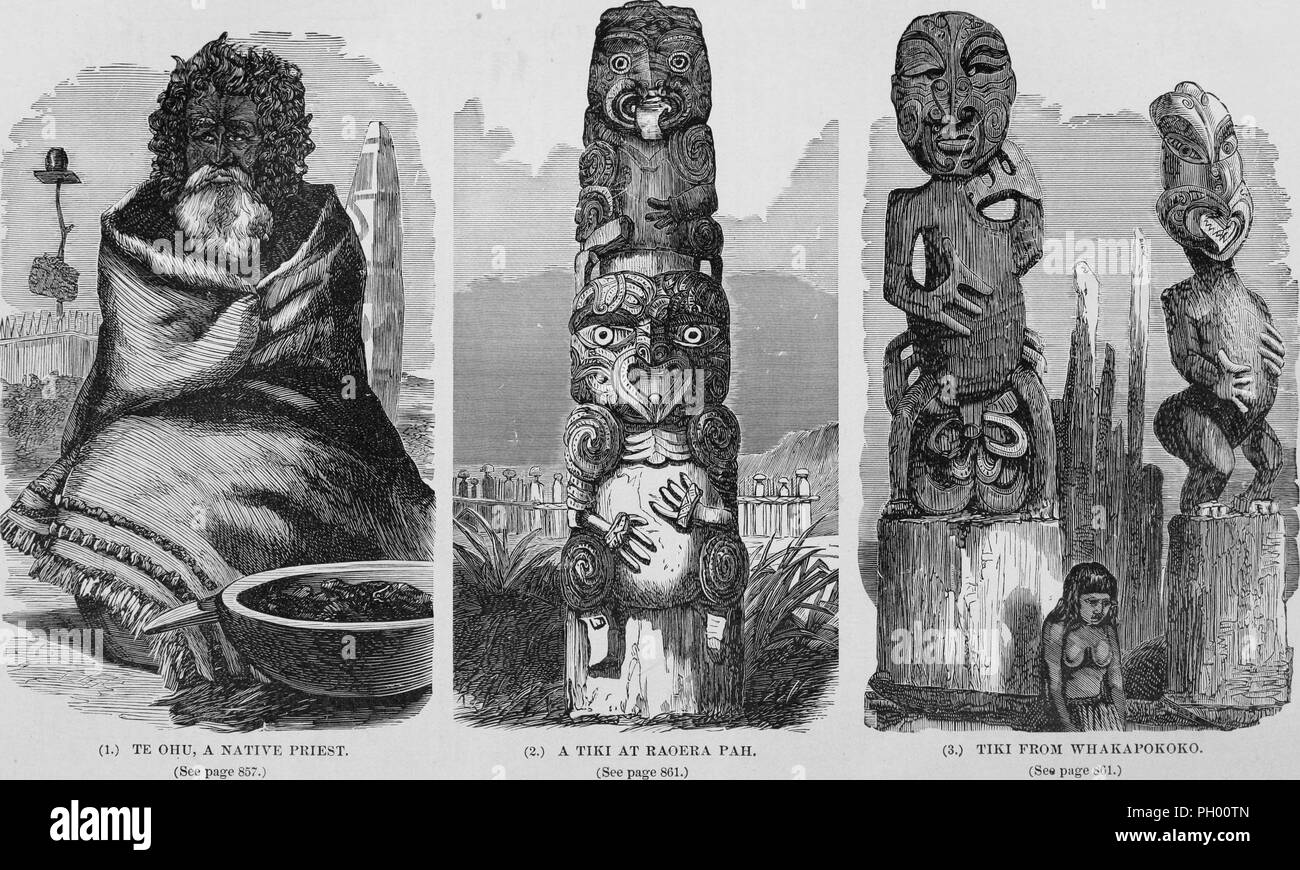 Black and white vintage prints, in three columns: captioned 'Te Oho, a Native Priest' (left) depicting a seated, elderly man, with curly hair, a long beard, and facial ta moko, wrapped in a flax cloak, with a funeral waka (canoe) sunk to the ground, and food for the deceased on a stick, visible in the background; 'A Tiki at Raoera Pah' (middle) depicting a Maori wood carving with two figures, the lower of which may represent Maui; and 'Tiki from Whakapokoko (right) depicting two more Maori carvings, with the figure of a Maori girl between them for the sake of perspective, located in New Zealan Stock Photo