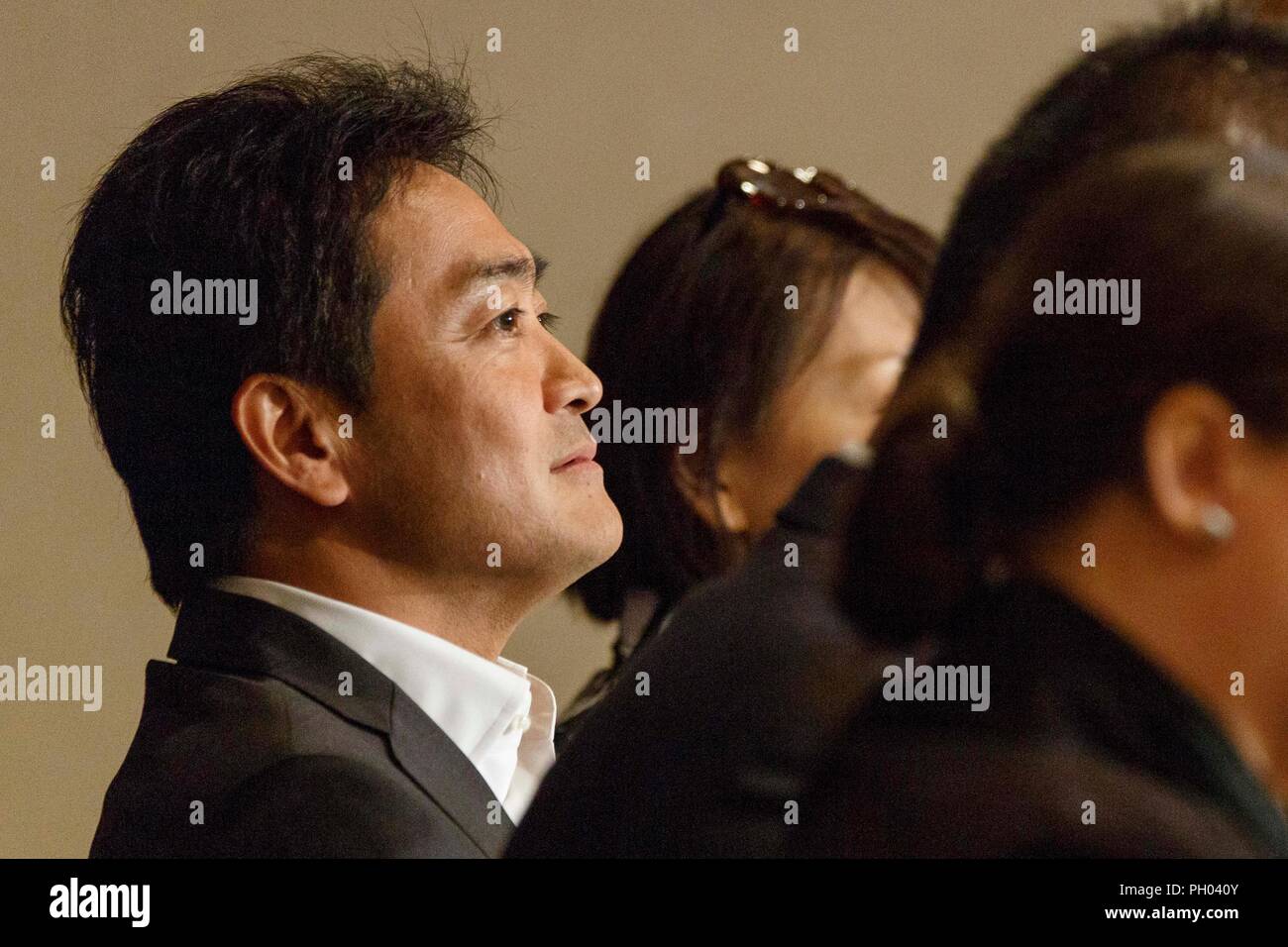 Tokyo, Japan. 29th Aug 2018. Japanese politician and candidate for his party's leadership Yuichiro Tamaki attends a news conference at the Foreign Correspondents' Club of Japan on August 29, 2018, Tokyo, Japan. Tamaki and Keisuke Tsumura answered questions about the coming leadership election for the Democratic Party For the People, which is set for September 4. Credit: Rodrigo Reyes Marin/AFLO/Alamy Live News Stock Photo