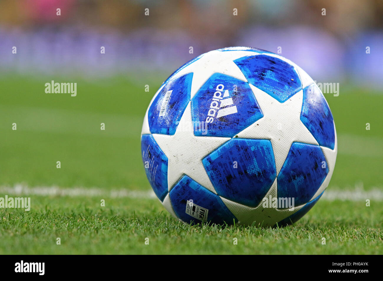 Kiev, Ukraine. 28th August, Official UEFA Champions League 2018/19 season match ball on the grass during the UEFA Champions League play-off game Dynamo Kyiv v AFC Ajax at Olimpiyskyi