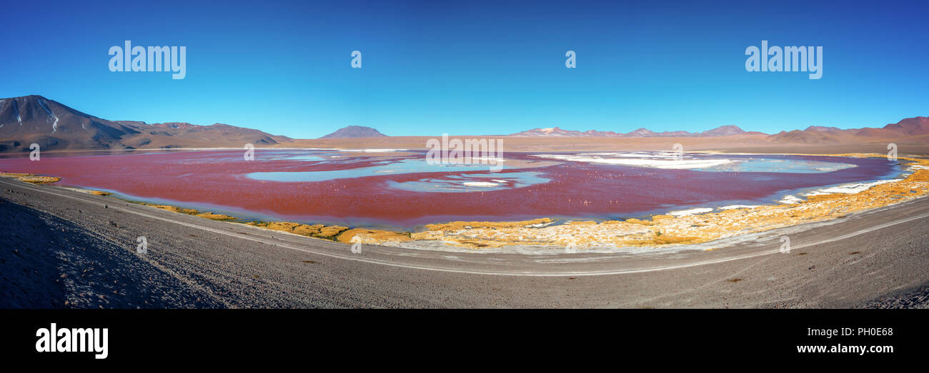 Panorama of Laguna Colorada, colorful salt lake in Sur Lipez province, Potosi, Bolivia Stock Photo