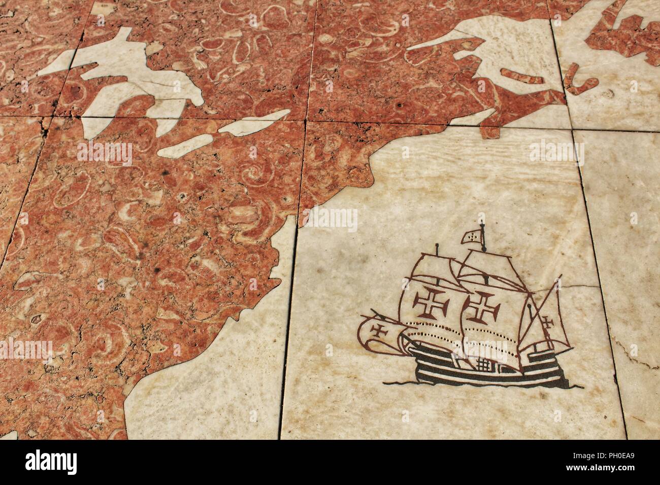 Lisbon, Portugal- May 30, 2018: Galleon arriving America engraved on the floor of the monument of the discoveries in Lisbon Stock Photo