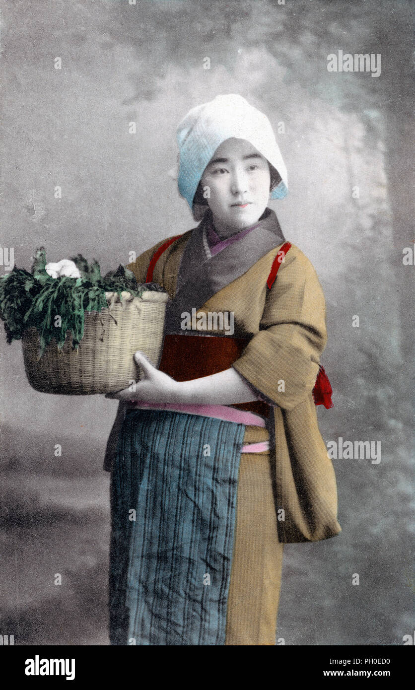 1910s Japan - Woman in Kimono with Basket of Vegetables ] — Young Japanese  woman in kimono and traditional