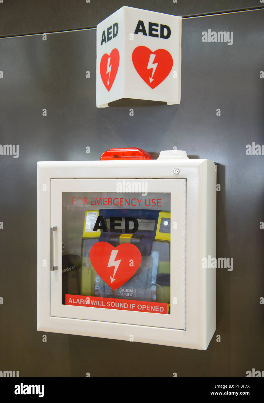 Automated External Defibrillator(AED) on the wall can be found in almost all airport and train stations Stock Photo