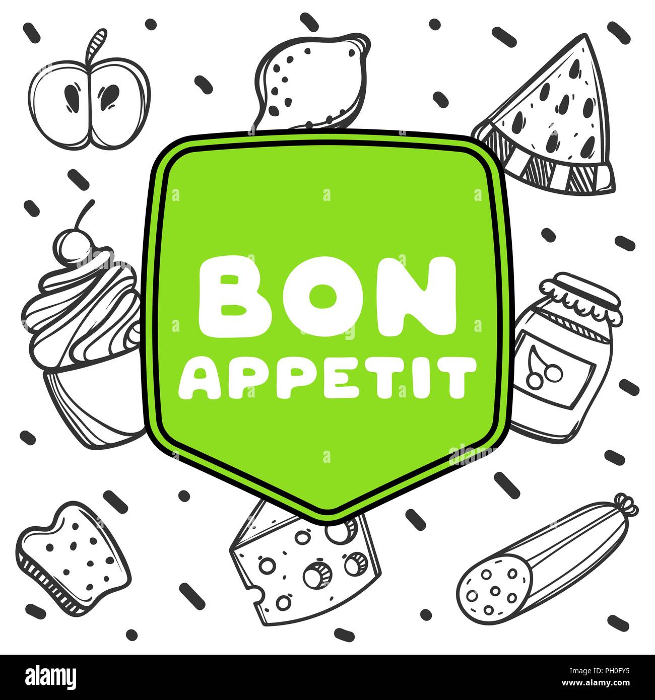 Cute hand drawn poster for cafe on food background with bon appetit quote. Stock Vector