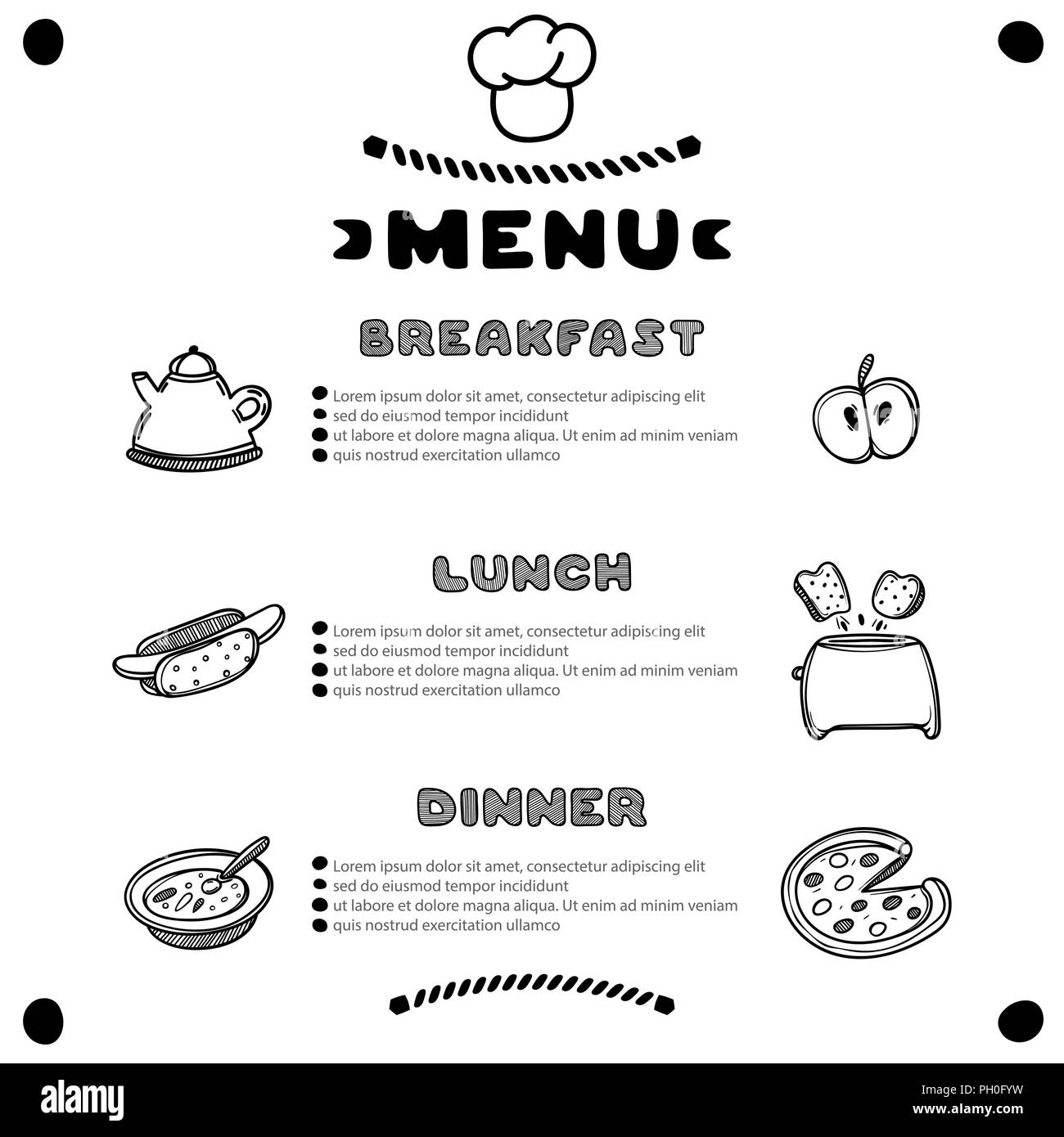 Hand drawn menu for cafe with breakfast, lunch, dinner Pertaining To Breakfast Lunch Dinner Menu Template