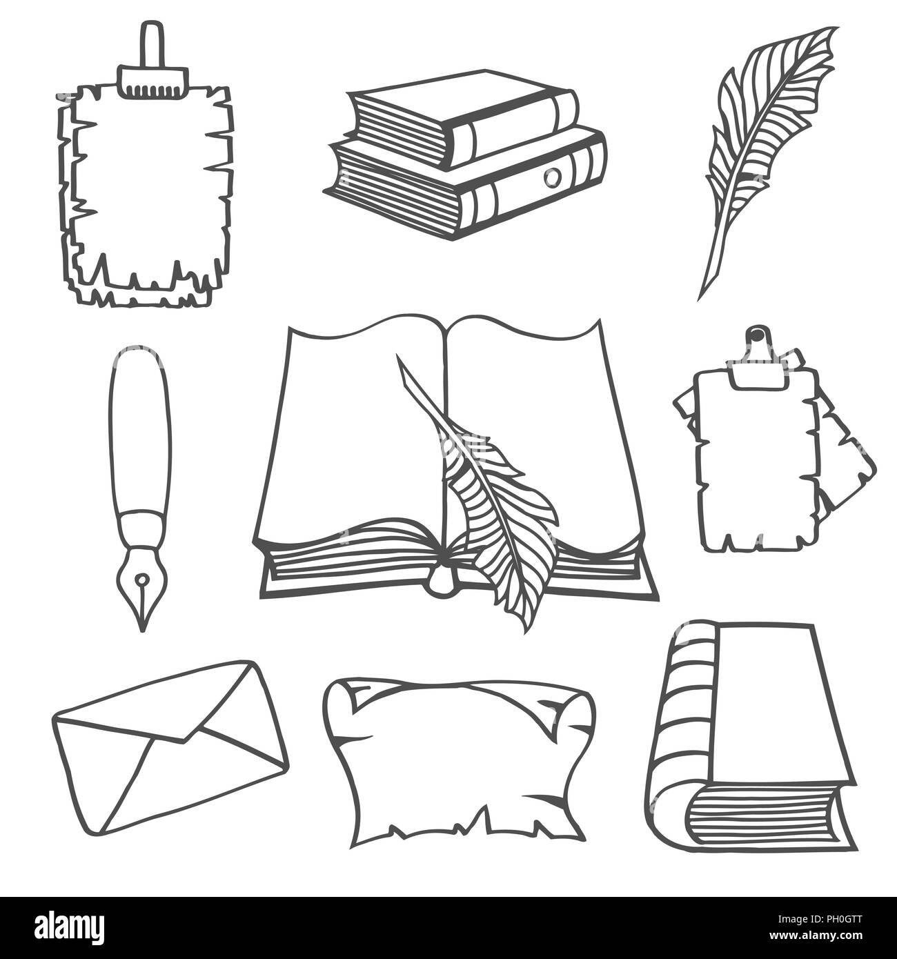 Handdrawn vintage books. Sketch old school literature. Vector