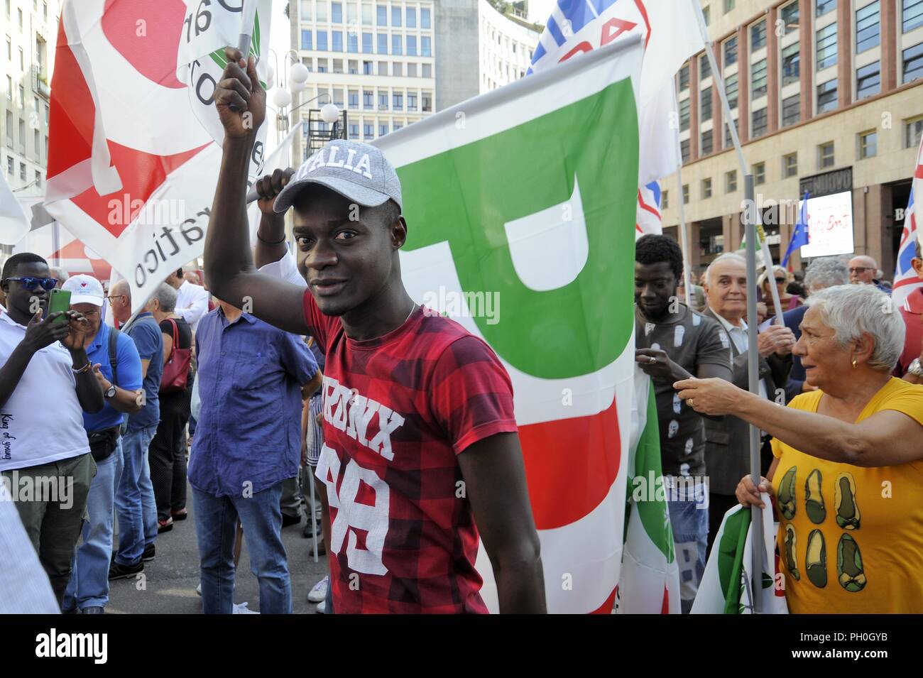 Milan (Italy), 28 August 2018, anti-fascist and anti-racist demonstration called by numerous left-wing and democratic parties and organizations to mark the meeting in the prefecture of Matteo Salvini, minister of the interior and leader of the right-wing party Lega, with the Hungarian premier Viktor Orban. Stock Photo