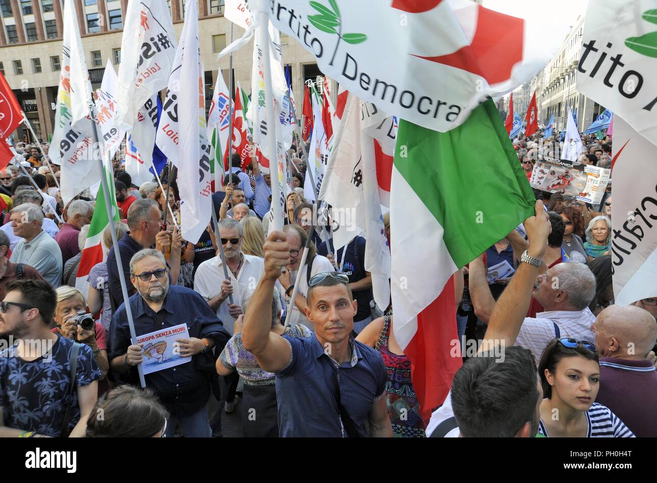 Milan (Italy), 28 August 2018, anti-fascist and anti-racist demonstration called by numerous left-wing and democratic parties and organizations to mark the meeting in the prefecture of Matteo Salvini, minister of the interior and leader of the right-wing party Lega, with the Hungarian premier Viktor Orban. Stock Photo