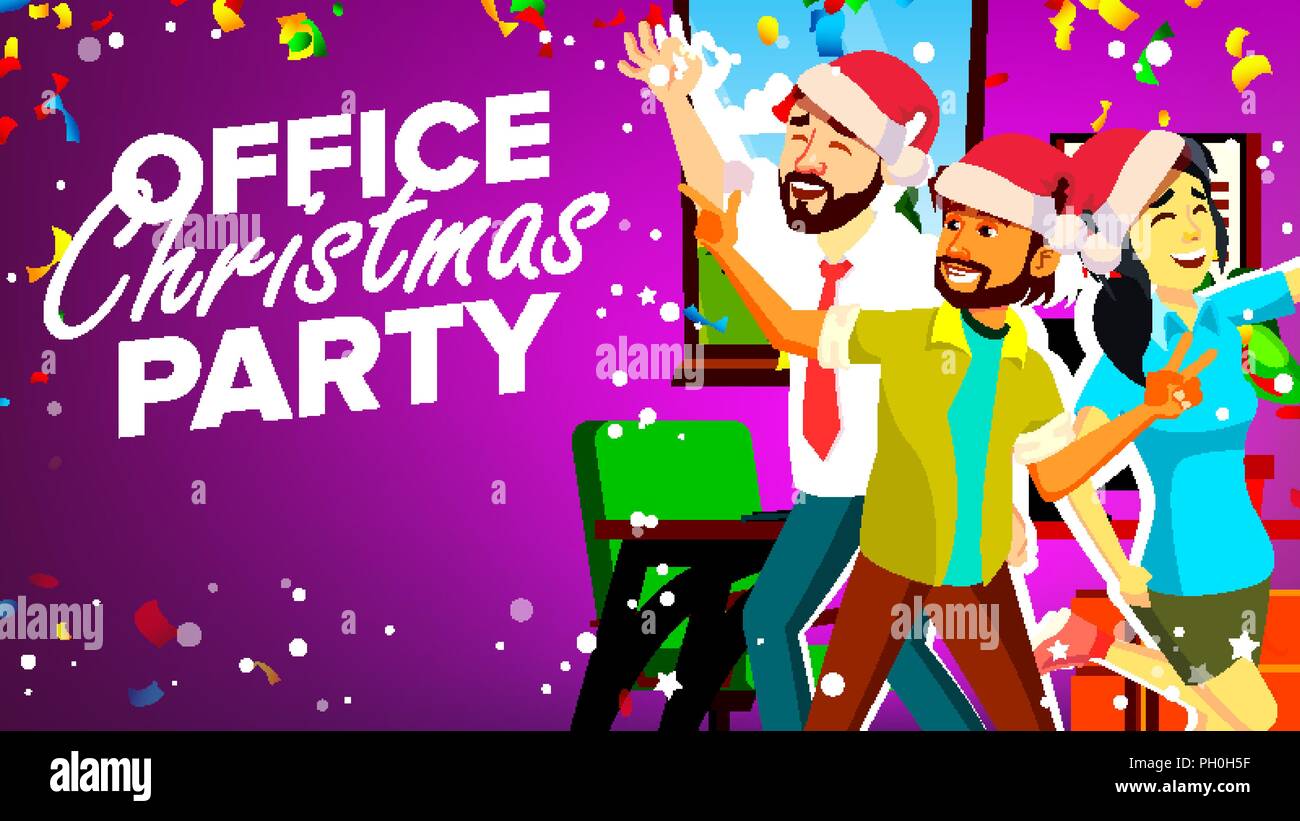 Office Christmas Party Vector. Smiling. Happy Business People. Merry Christmas And Happy New Year. Young Man, Woman. Cartoon Illustration Stock Vector